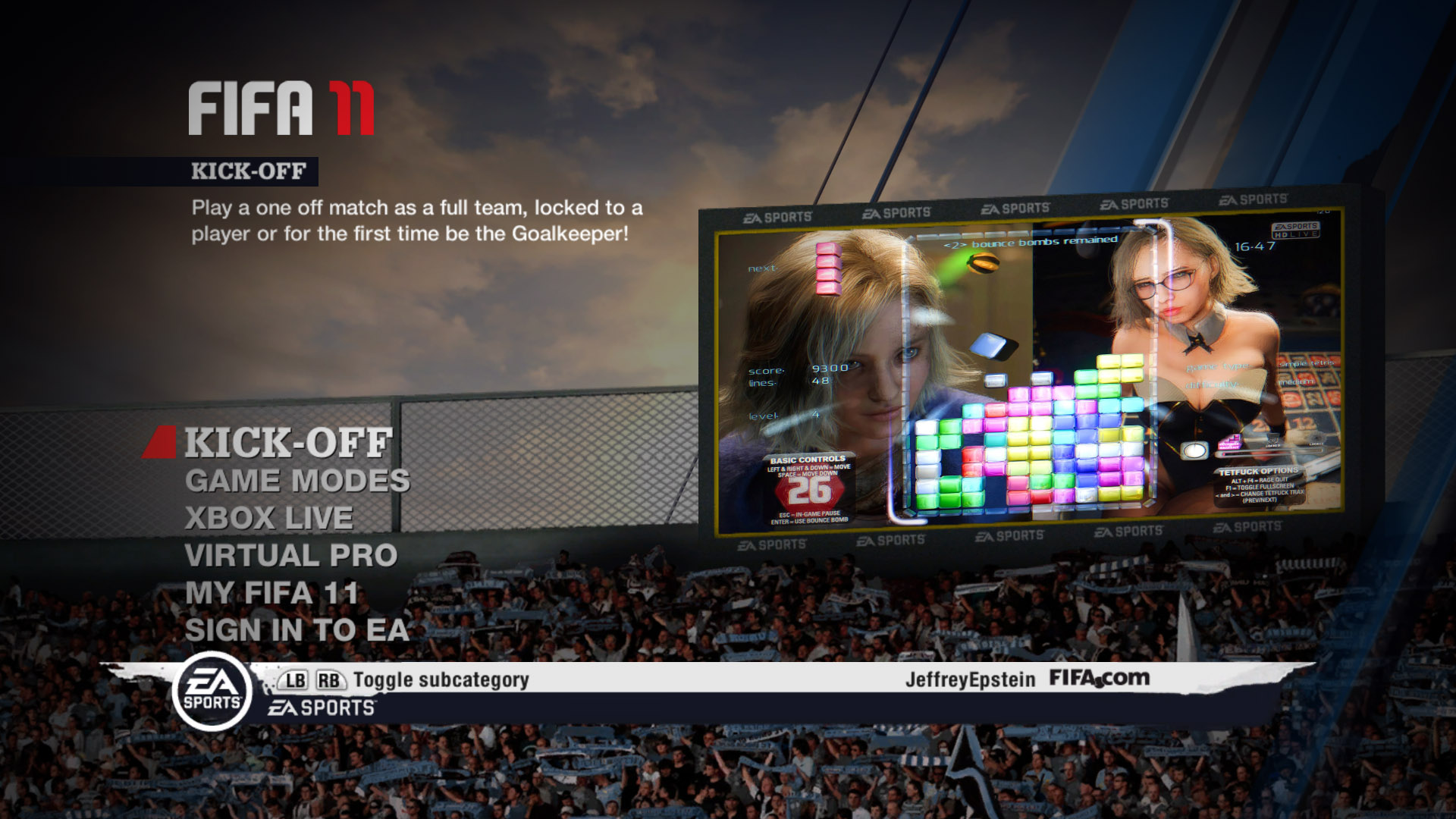 Edited FIFA 11 menu with screenshot of TetFuck V Enhanced.